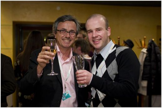 Vilnius Film Fest director toasting to the festival Forum with Bruno Chatelin